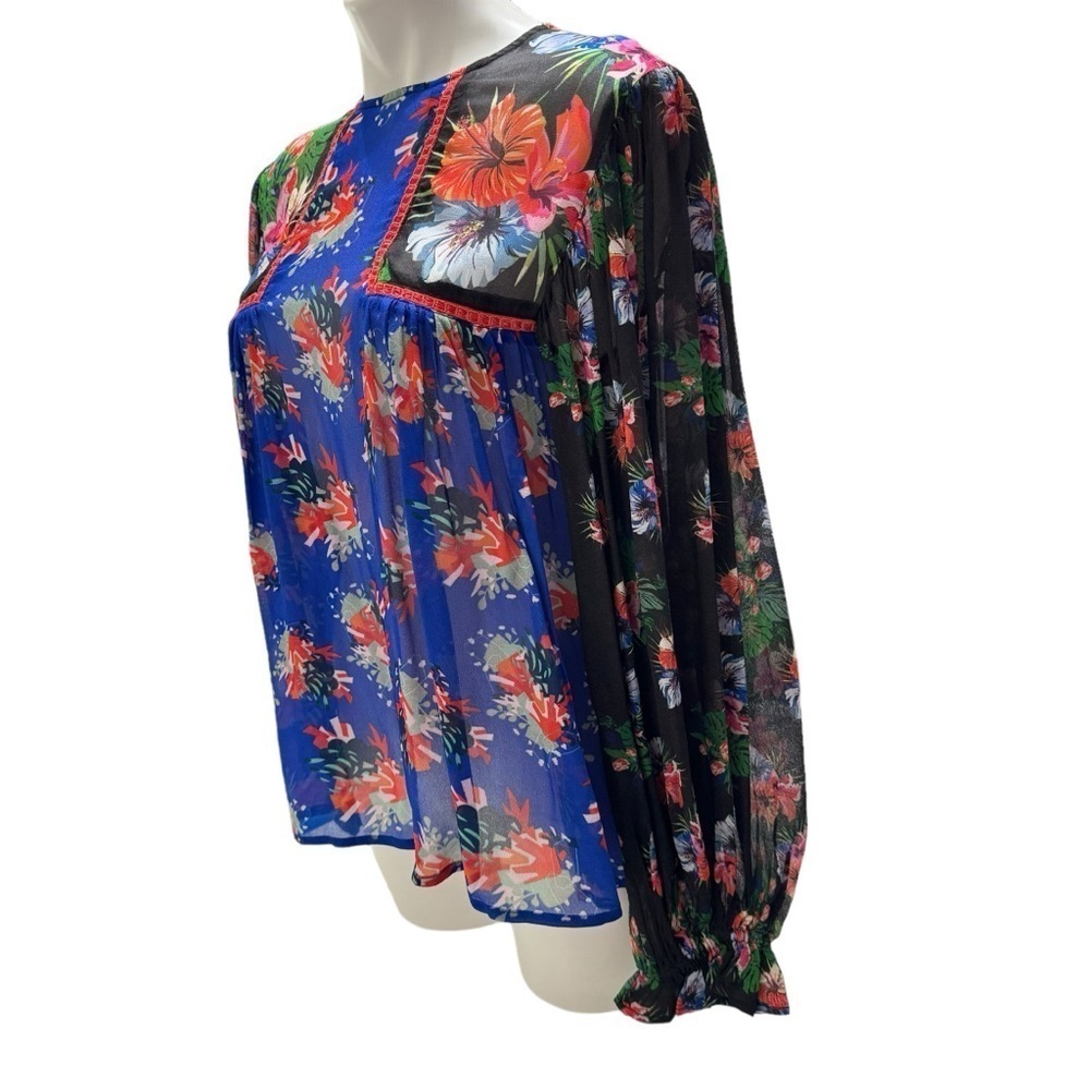 Anthropologie Bl^nk London Miranda Peasant Blouse Floral Eclectic Sz XSmall Blue - Picture 6 of 10